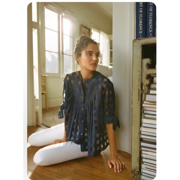 EUC Anthropologie Current Air Navy Blue Windowpane Sheer Blouse cropped XS - Picture 1 of 11